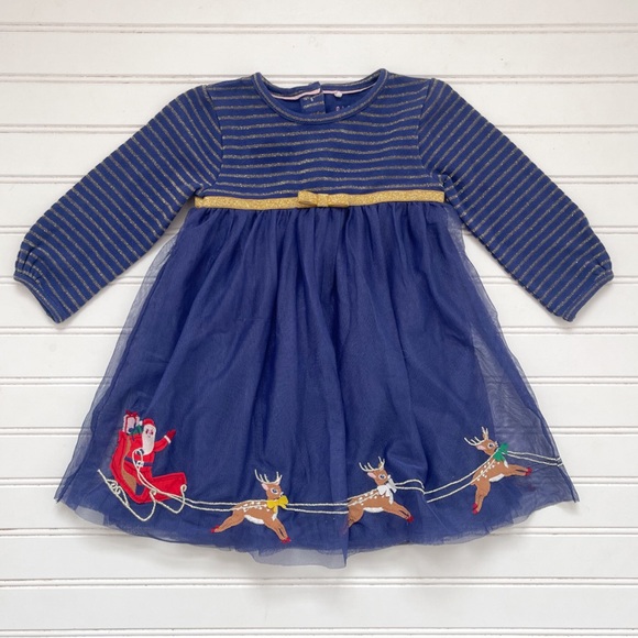 MINI BODEN VGUC Christmas Santa Reindeer Appliqué Tulle Metallic Striped Dress